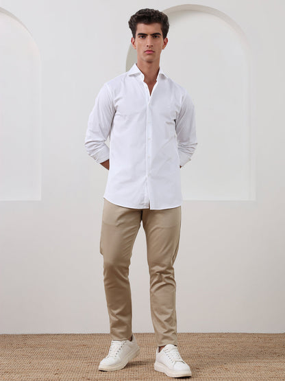 White Slim Fit Solid Formal Satin Shirt for Men (LADAR)