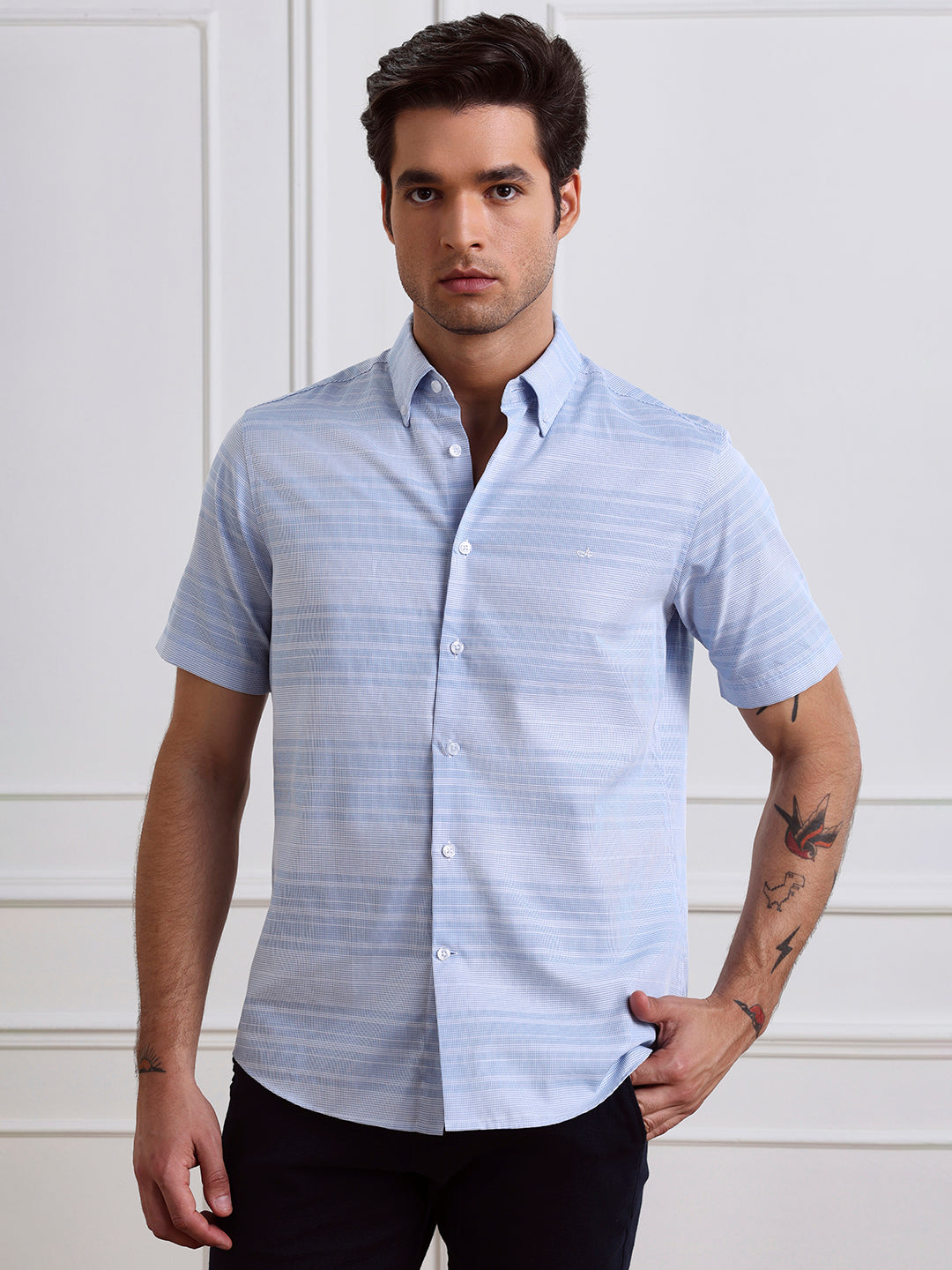 Blue Regular Fit Striped Casual Cotton Shirt for Men (CRAVE)
