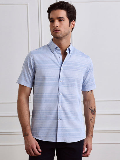 Blue Regular Fit Striped Casual Cotton Shirt for Men (CRAVE)