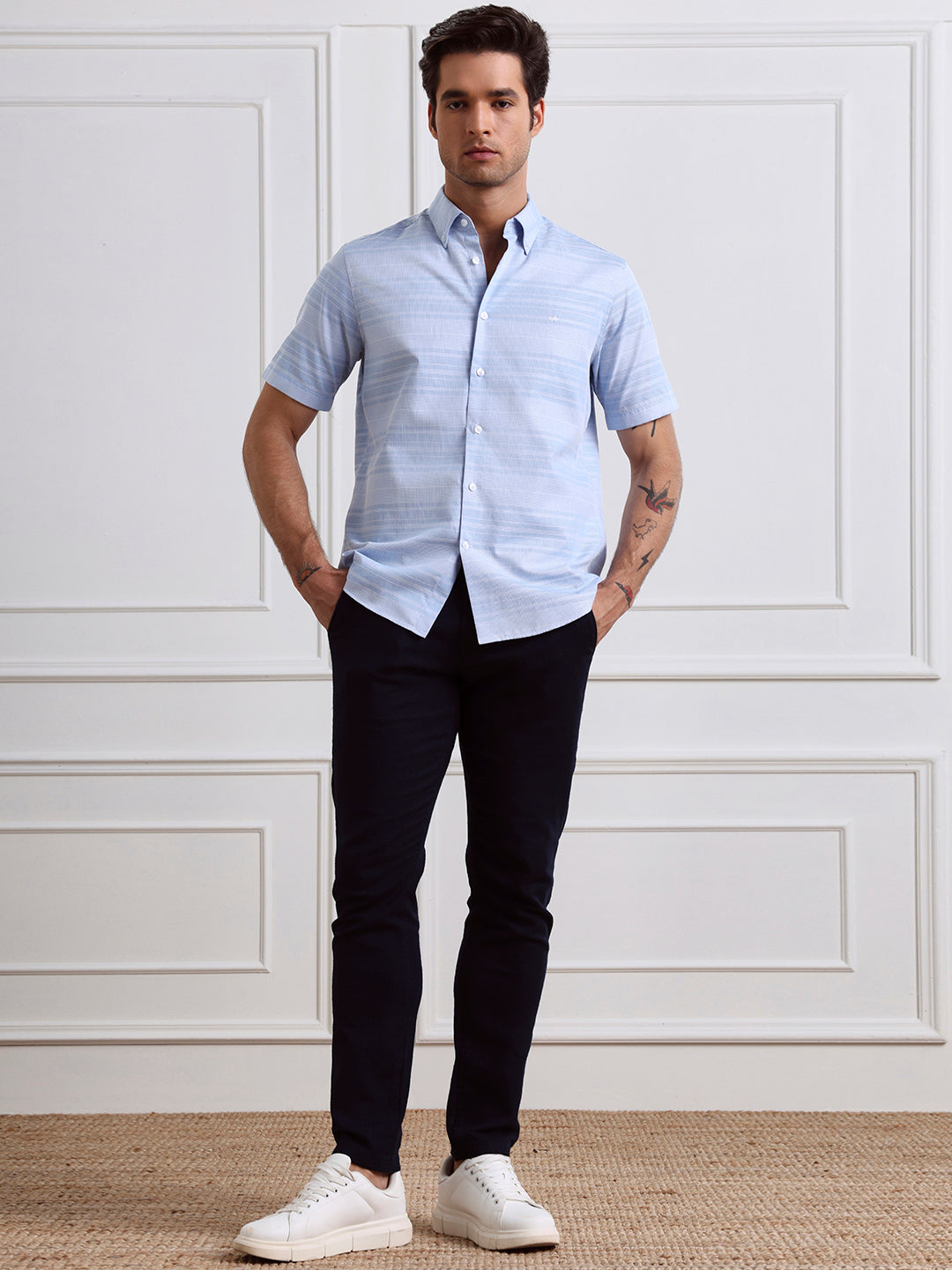 Blue Regular Fit Striped Casual Cotton Shirt for Men (CRAVE)