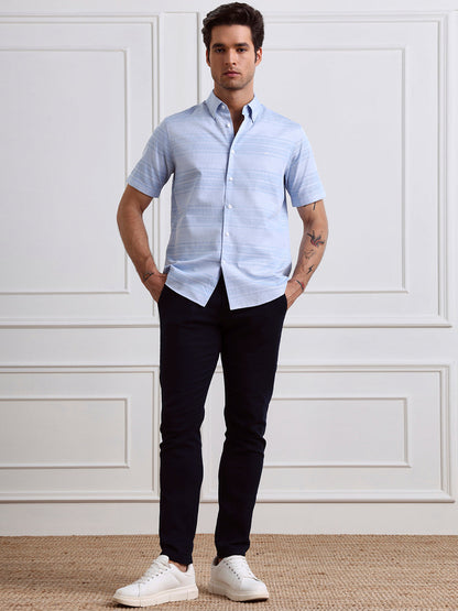 Blue Regular Fit Striped Casual Cotton Shirt for Men (CRAVE)