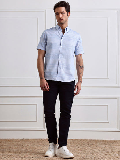 Blue Regular Fit Striped Casual Cotton Shirt for Men (CRAVE)