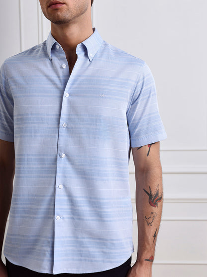 Blue Regular Fit Striped Casual Cotton Shirt for Men (CRAVE)
