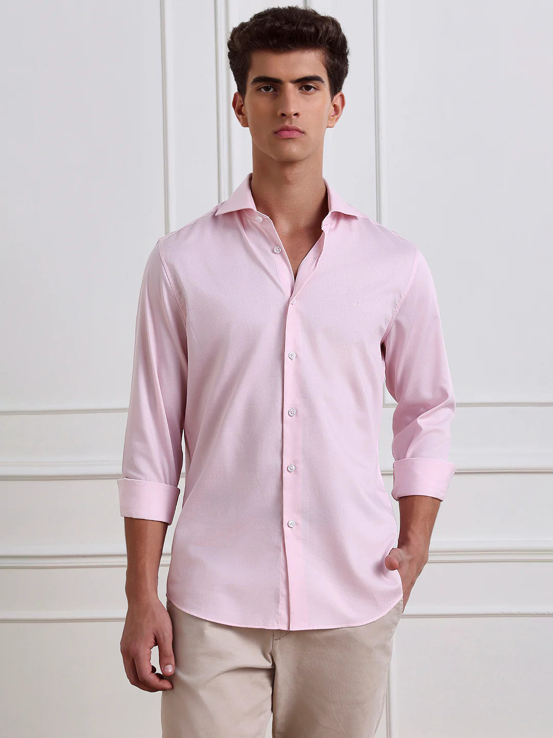 Pink Slim Fit Solid Formal Cotton Shirt