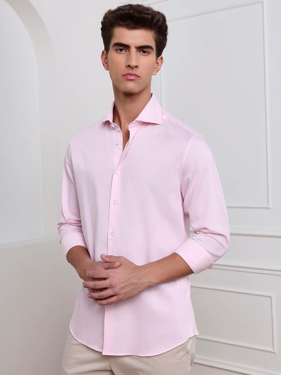 Pink Slim Fit Solid Formal Cotton Shirt