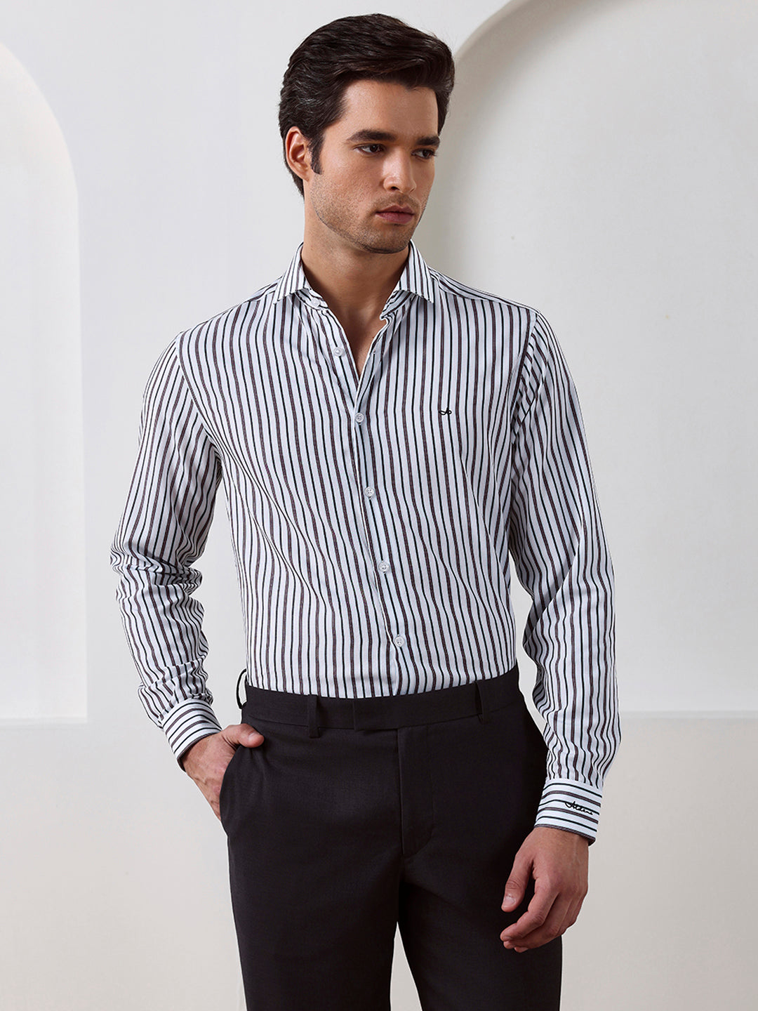 Brown Regular Fit Striped Casual Lyocell Shirt for Men (LUCAN)