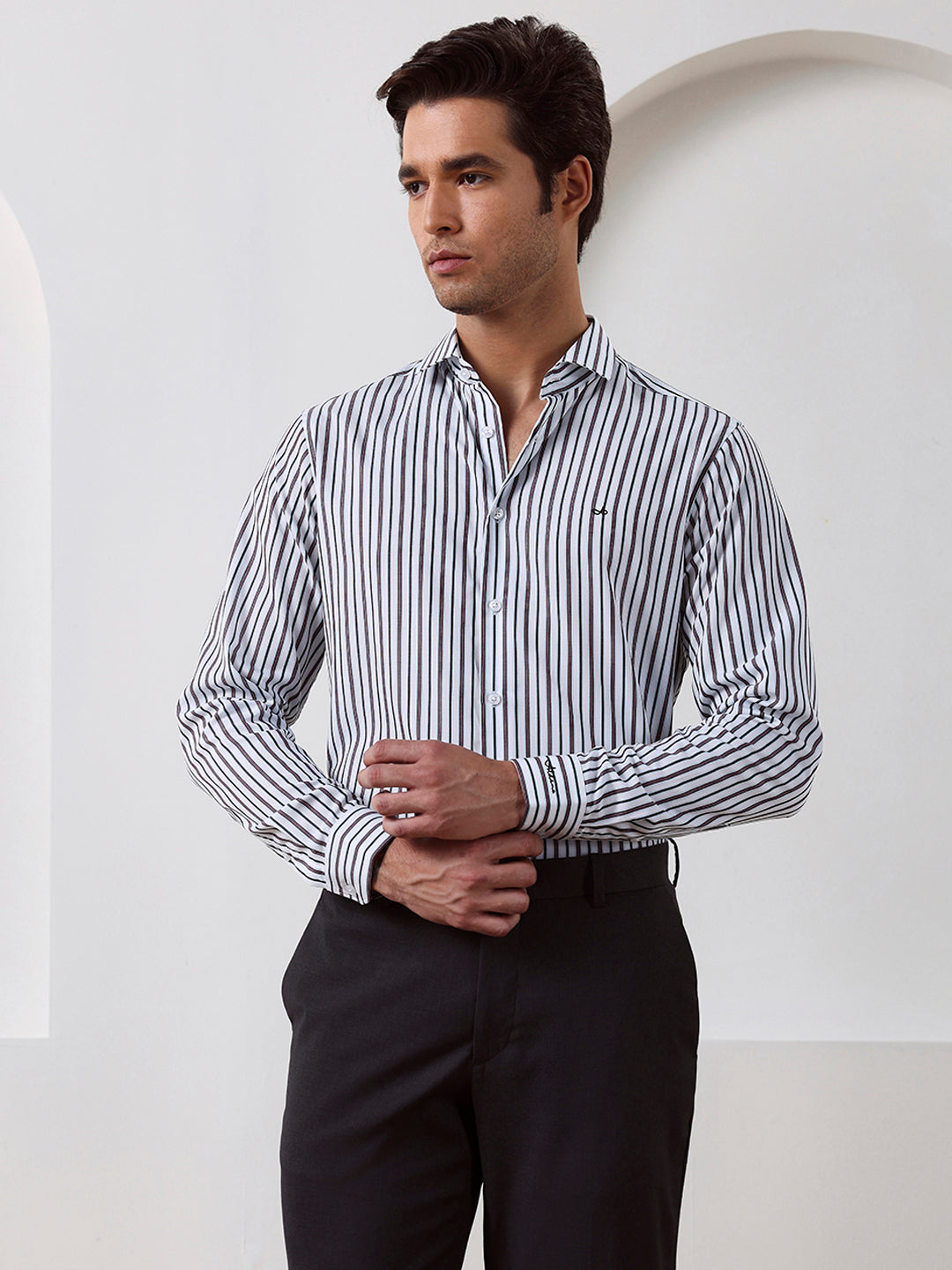 Brown Regular Fit Striped Casual Lyocell Shirt for Men (LUCAN)
