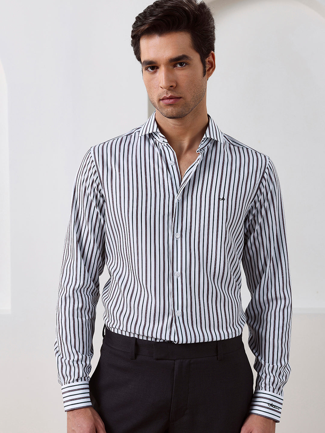Brown Regular Fit Striped Casual Lyocell Shirt for Men (LUCAN)