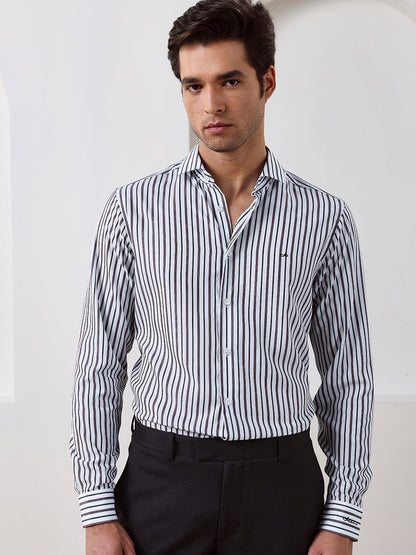 Brown Regular Fit Striped Casual Lyocell Shirt for Men (LUCAN)