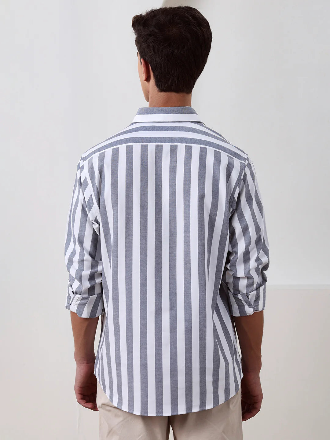 Grey Regular Fit Striped Casual Cotton Shirt