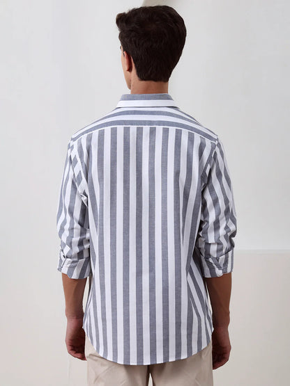 Grey Regular Fit Striped Casual Cotton Shirt