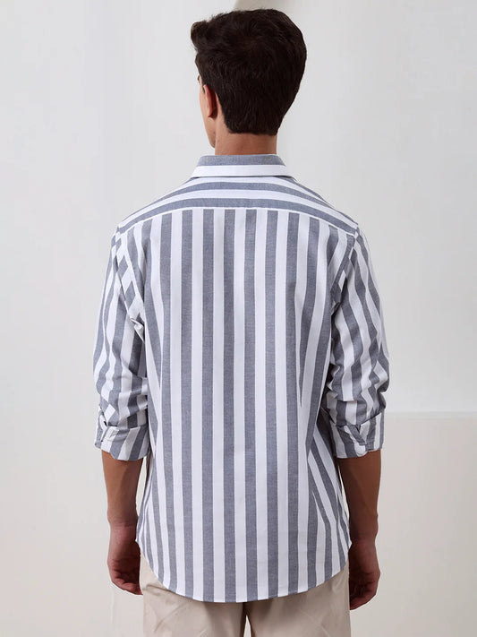 Grey Regular Fit Striped Casual Cotton Shirt