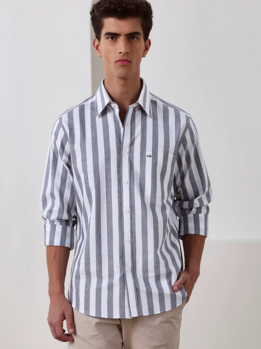 Grey Regular Fit Striped Casual Cotton Shirt