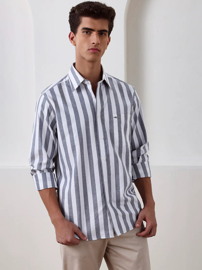 Grey Regular Fit Striped Casual Cotton Shirt