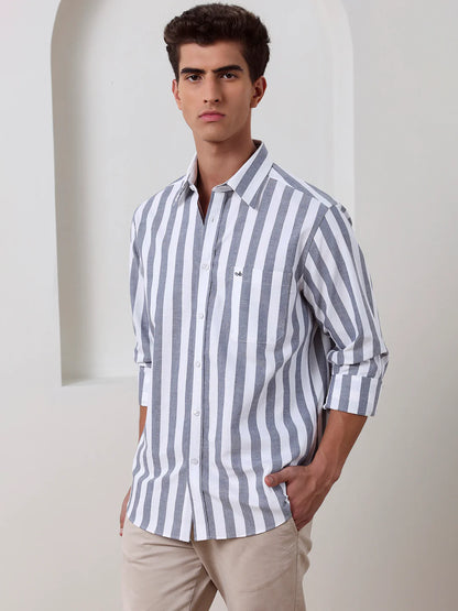 Grey Regular Fit Striped Casual Cotton Shirt