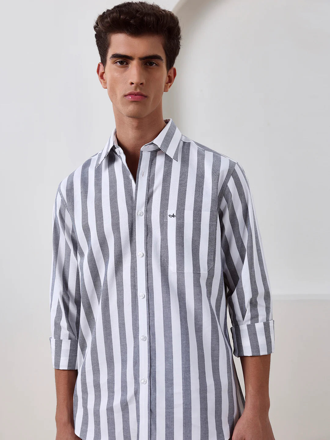 Grey Regular Fit Striped Casual Cotton Shirt
