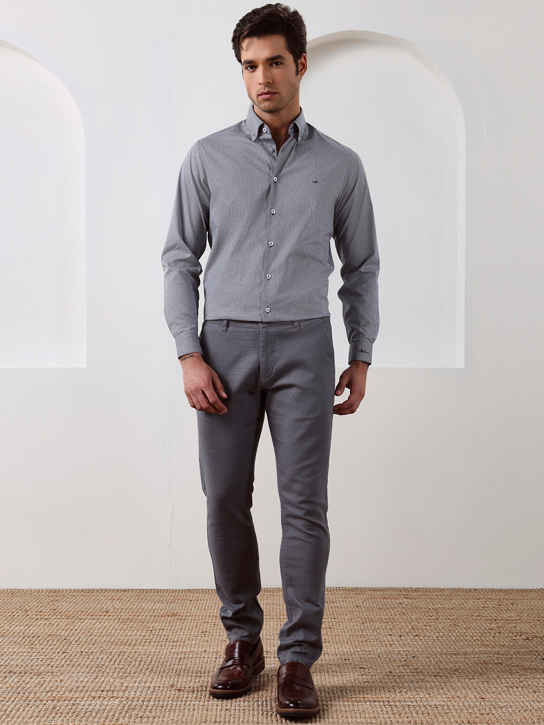 Grey Regular Fit Printed Casual Cotton Shirt for Men (LIMON)