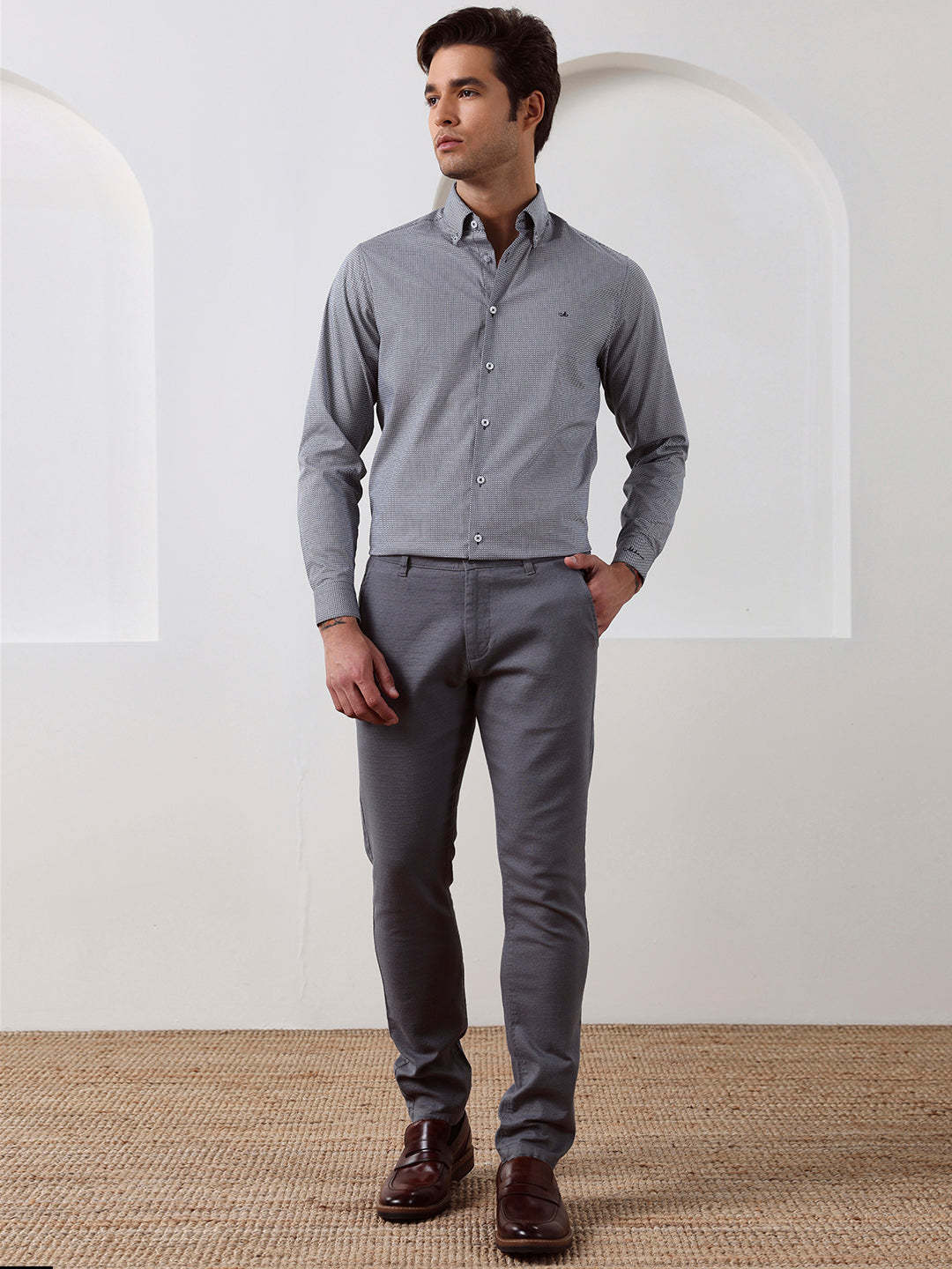 Grey Regular Fit Printed Casual Cotton Shirt for Men (LIMON)