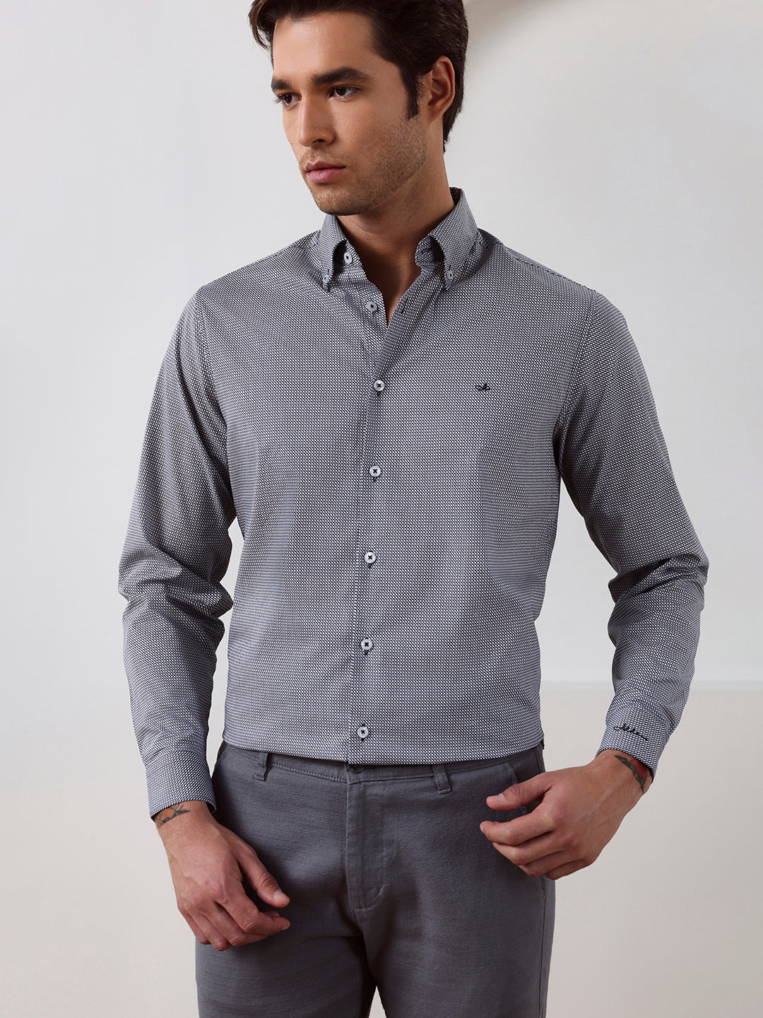 Grey Regular Fit Printed Casual Cotton Shirt for Men (LIMON)