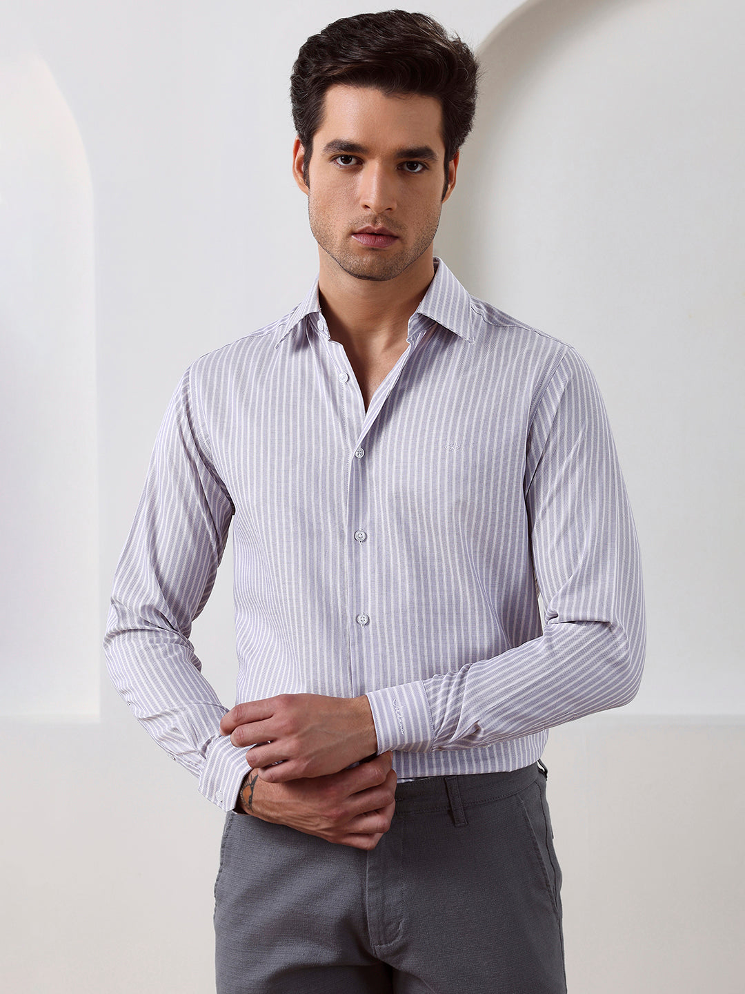 Lavender Regular Fit Striped Formal Cotton Shirt for Men (LWIX)