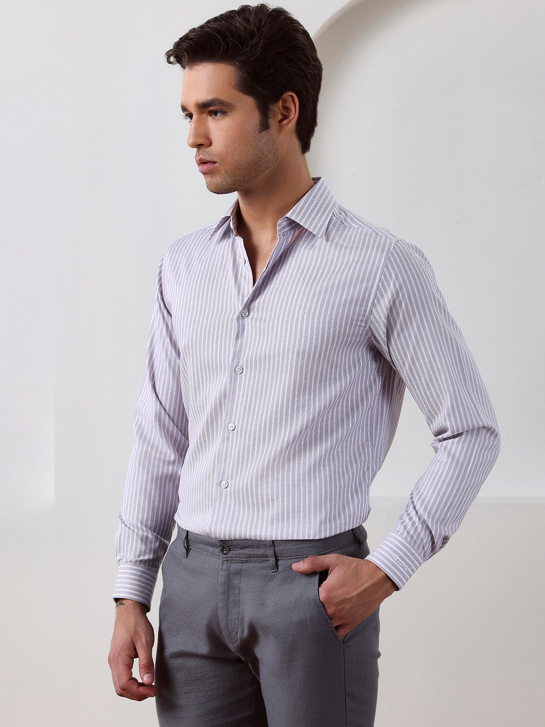Lavender Regular Fit Striped Formal Cotton Shirt for Men (LWIX)