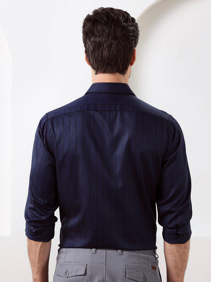Navy Blue Regular Fit Striped Formal Cotton Blend Shirt for Men (LIVIA)