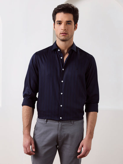 Navy Blue Regular Fit Striped Formal Cotton Blend Shirt for Men (LIVIA)