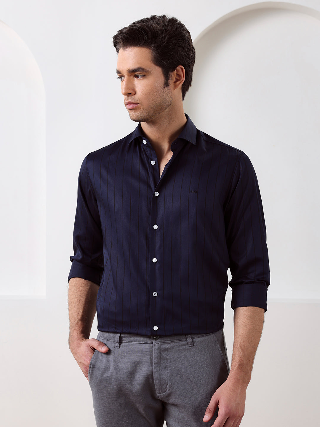 Navy Blue Regular Fit Striped Formal Cotton Blend Shirt for Men (LIVIA)