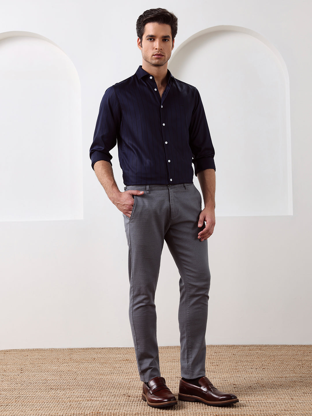 Navy Blue Regular Fit Striped Formal Cotton Blend Shirt for Men (LIVIA)