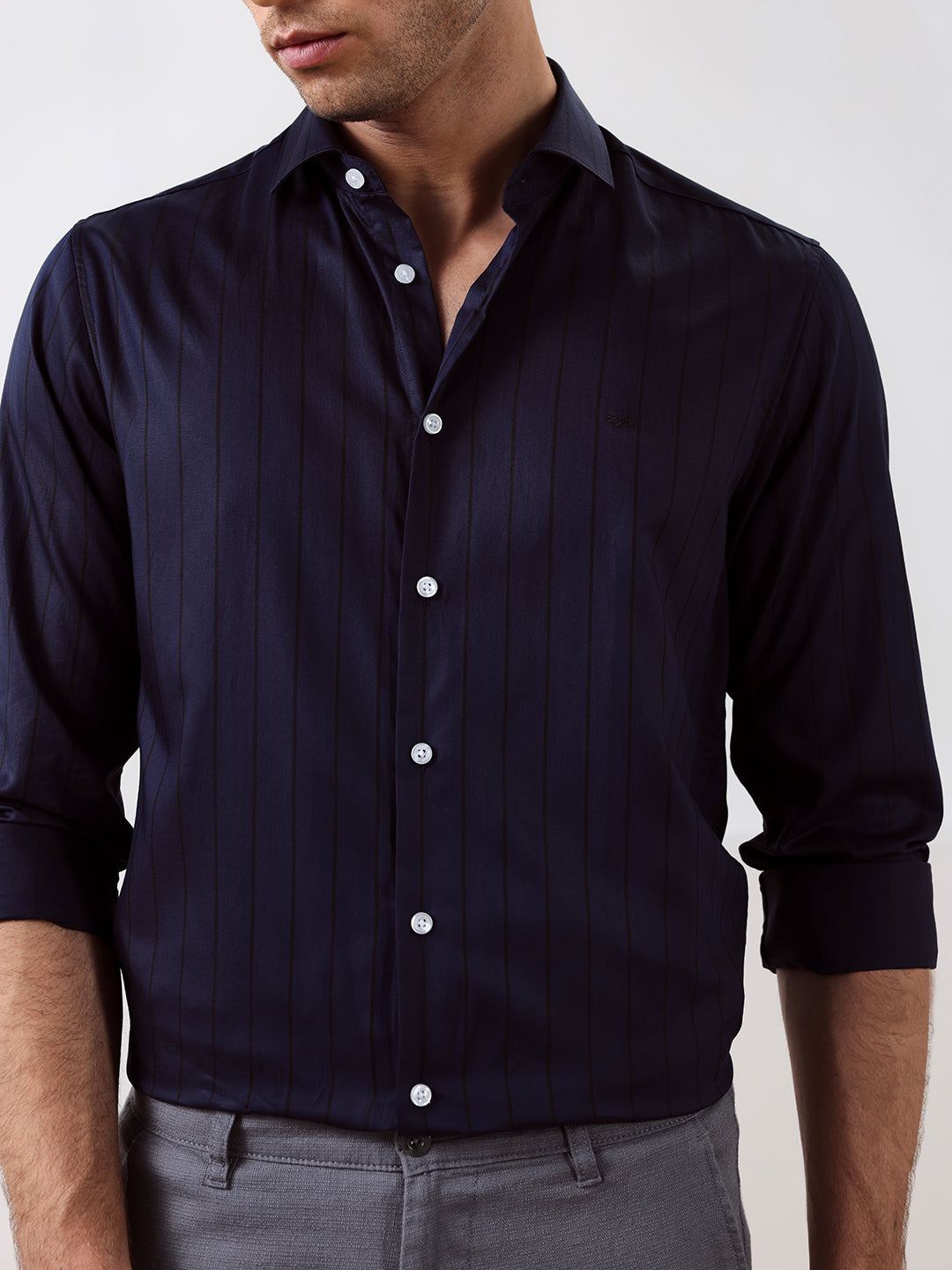 Navy Blue Regular Fit Striped Formal Cotton Blend Shirt for Men (LIVIA)