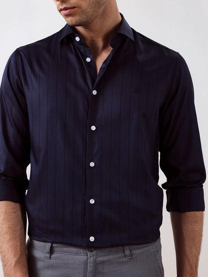 Navy Blue Regular Fit Striped Formal Cotton Blend Shirt for Men (LIVIA)