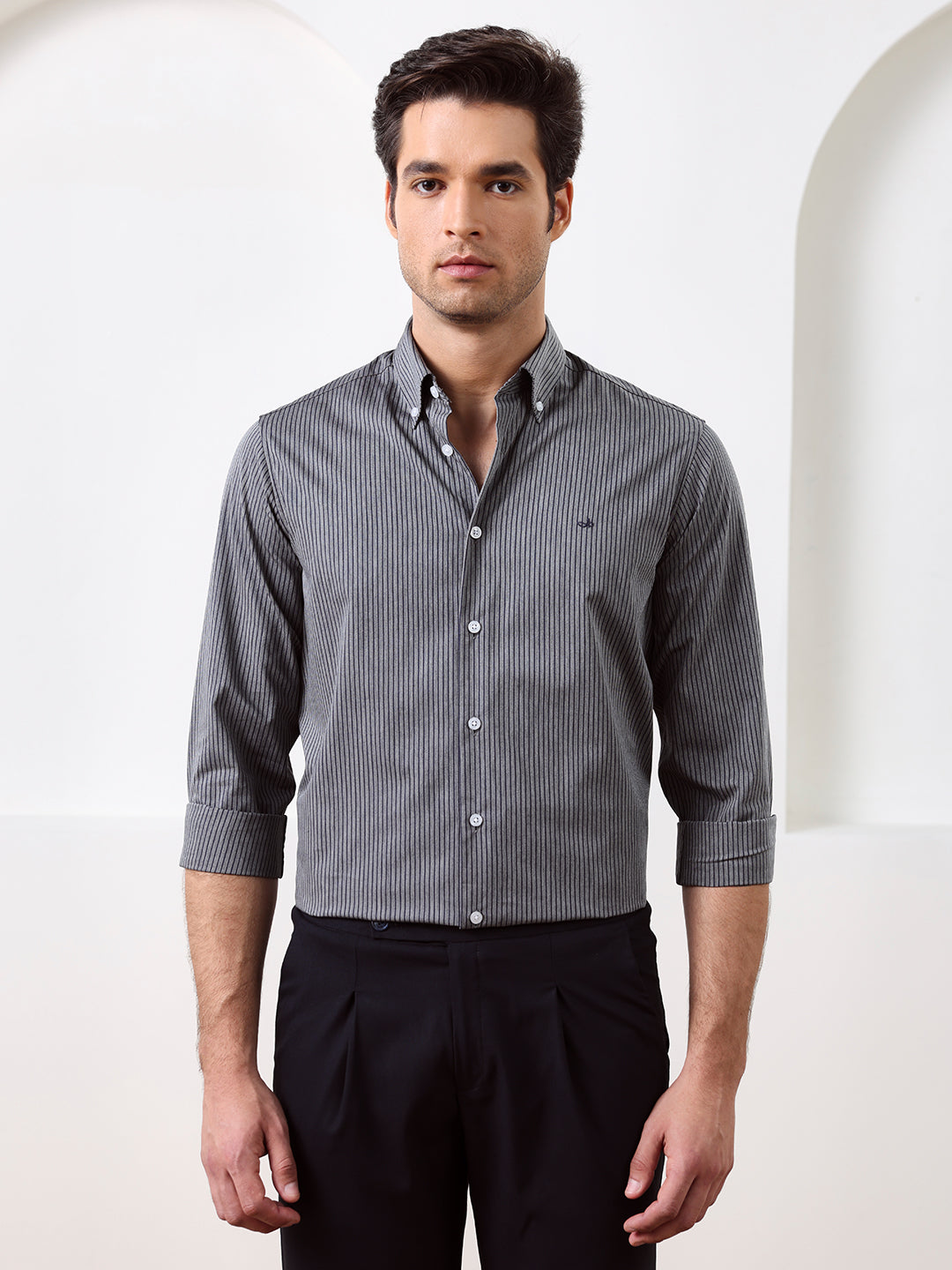 Grey Regular Fit Striped Casual Cotton Shirt for Men (CIFON)