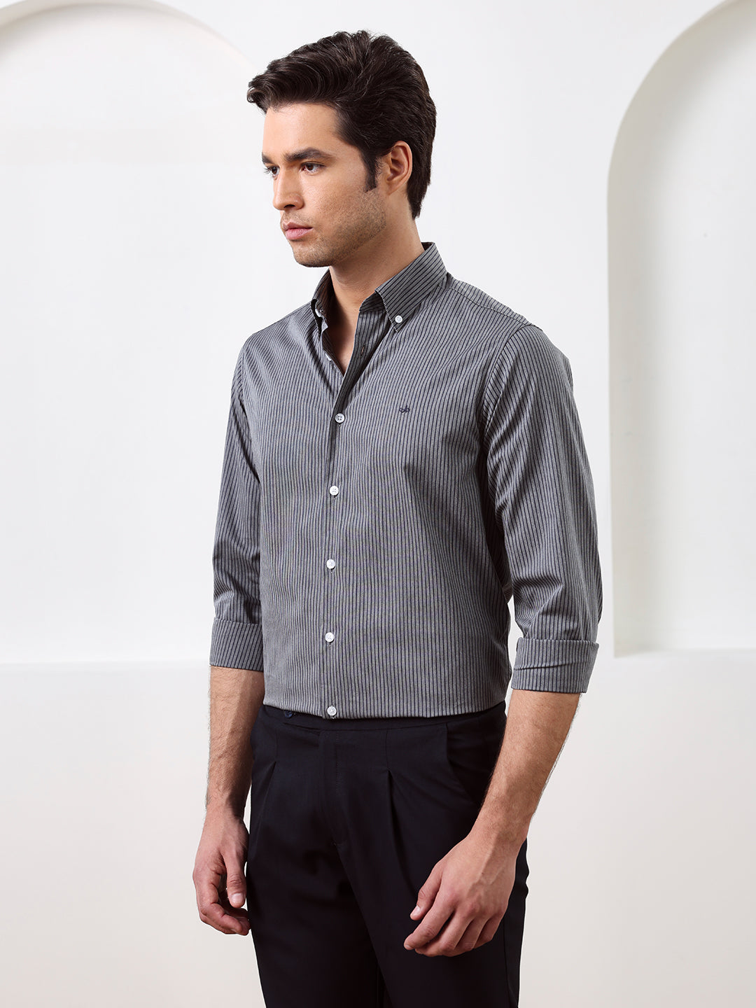 Grey Regular Fit Striped Casual Cotton Shirt for Men (CIFON)