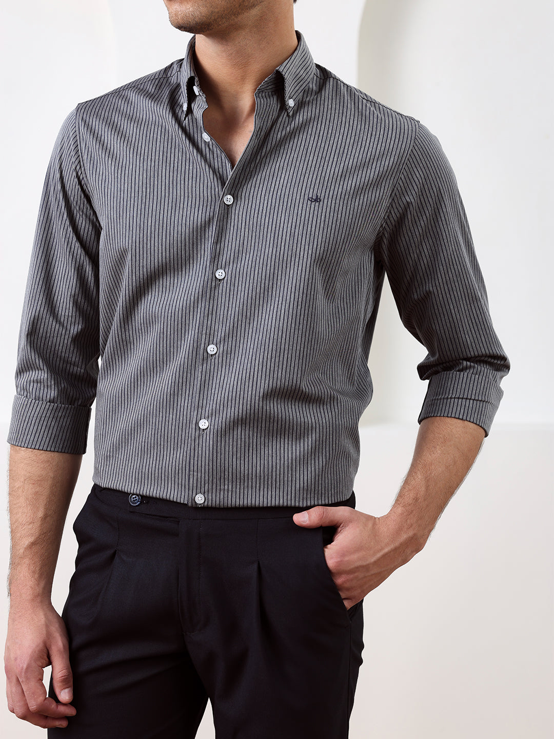 Grey Regular Fit Striped Casual Cotton Shirt for Men (CIFON)
