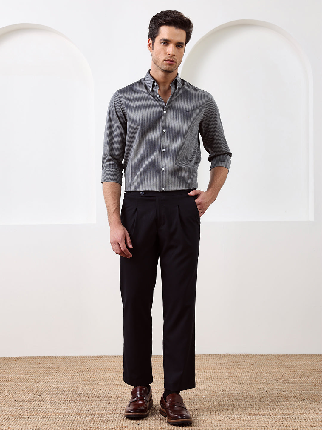 Grey Regular Fit Striped Casual Cotton Shirt for Men (CIFON)
