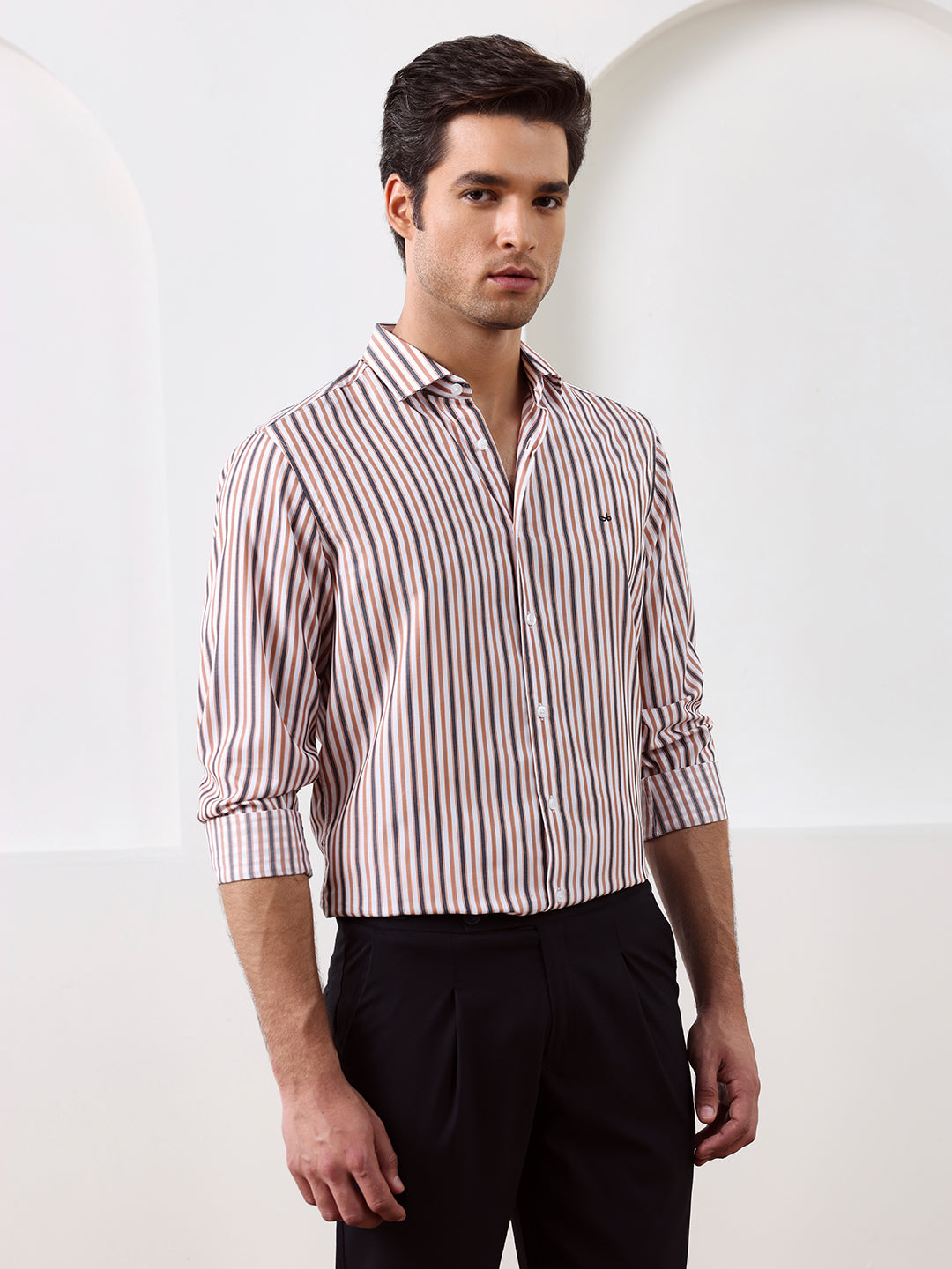 Brown Regular Fit Striped Casual Lyocell Shirt for Men (LOWAN)