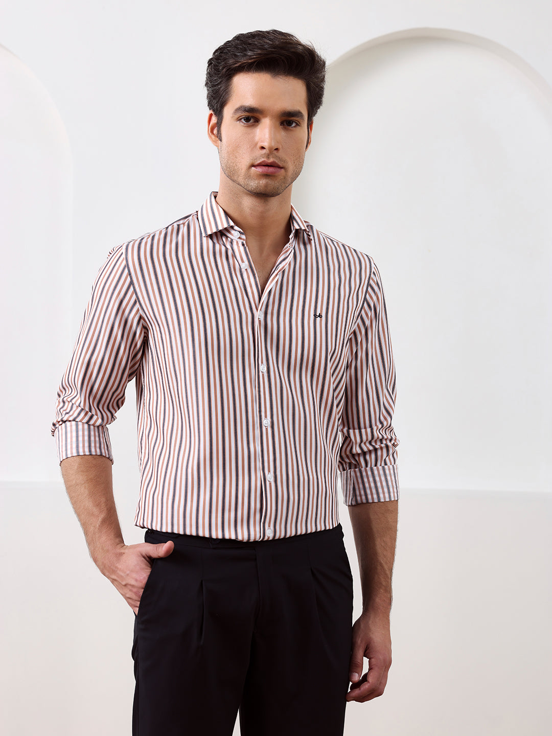 Brown Regular Fit Striped Casual Lyocell Shirt for Men (LOWAN)