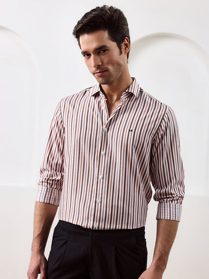 Brown Regular Fit Striped Casual Lyocell Shirt for Men (LOWAN)