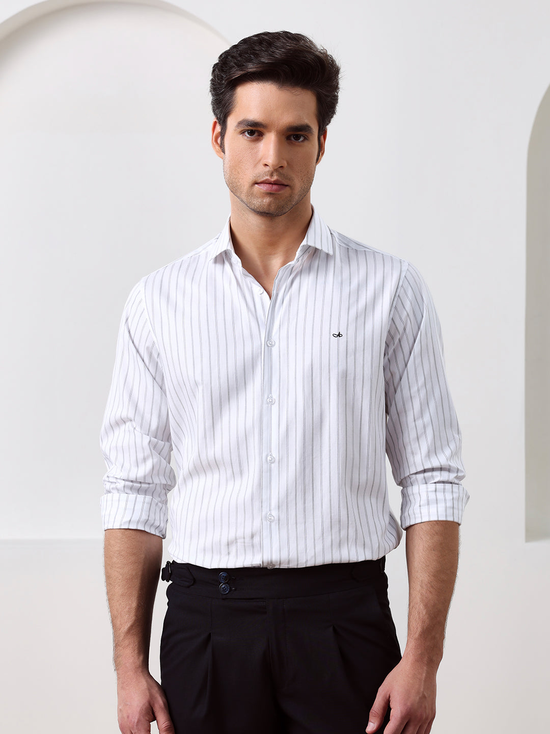 White Regular Fit Striped Casual Cotton Shirt for Men (CONAN)