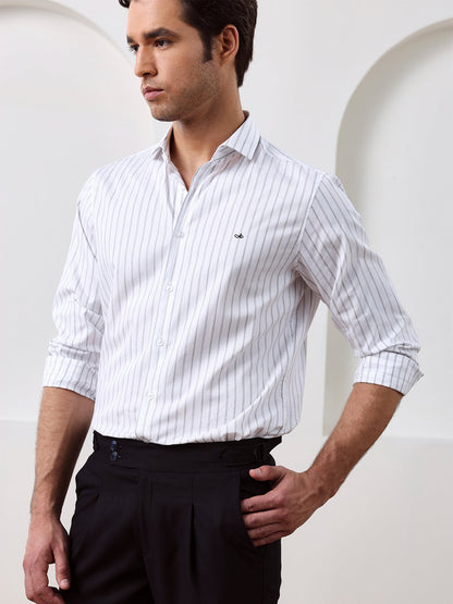 White Regular Fit Striped Casual Cotton Shirt for Men (CONAN)