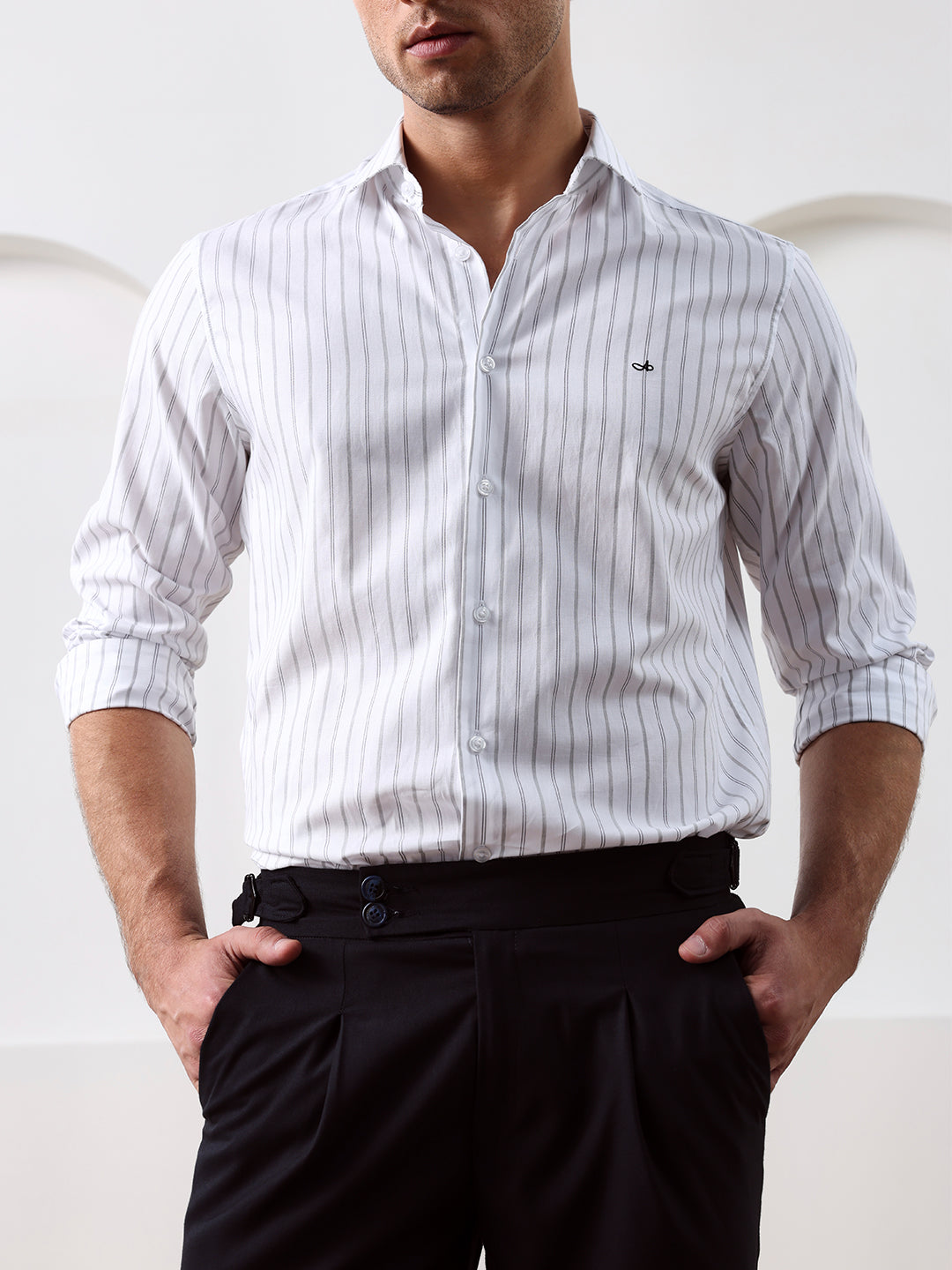 White Regular Fit Striped Casual Cotton Shirt for Men (CONAN)