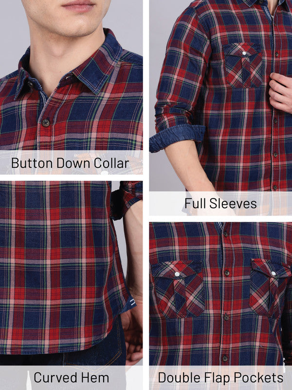 Kuons Avenue Men's Red Cotton Flannel Checks Casual Shirt
