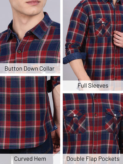 Kuons Avenue Men's Red Cotton Flannel Checks Casual Shirt