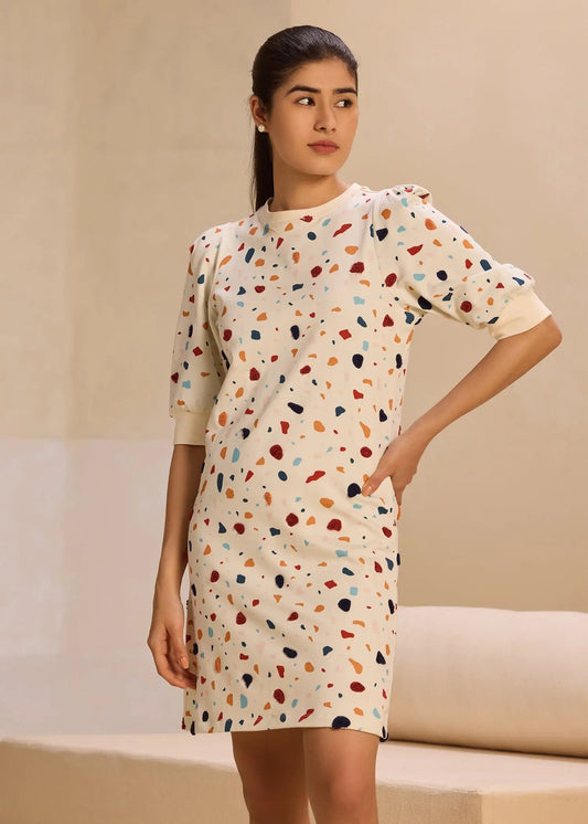 Embroidered Terrazzo iCotton Pouf Sleeve Dress Alonge