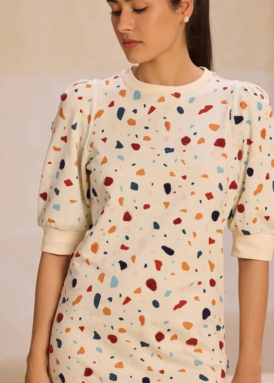 Embroidered Terrazzo iCotton Pouf Sleeve Dress Alonge