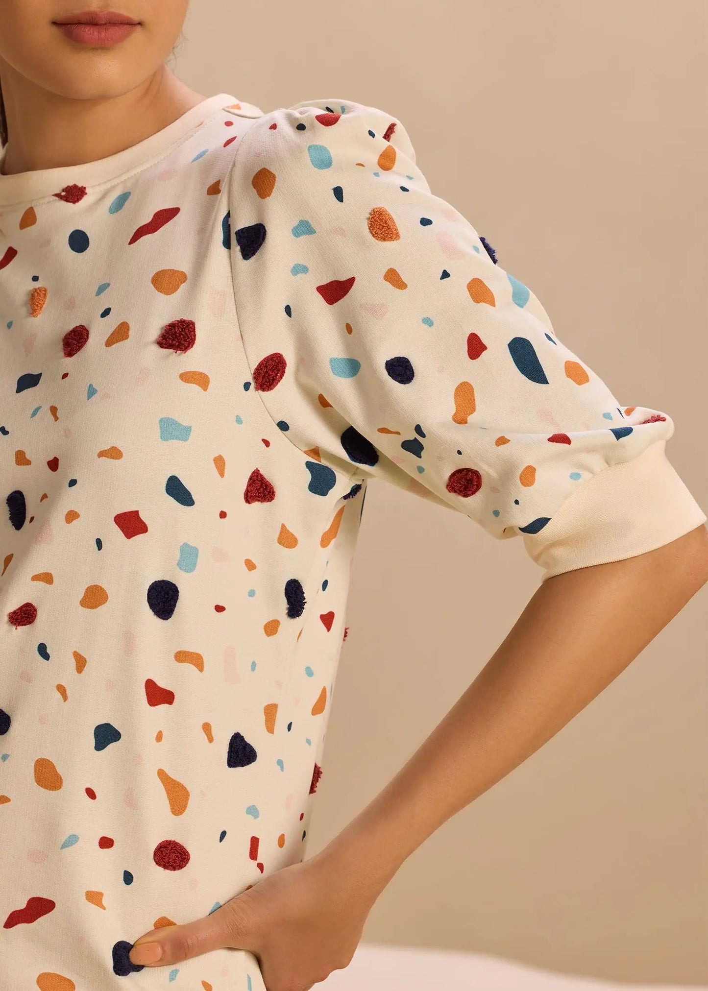 Embroidered Terrazzo iCotton Pouf Sleeve Dress Alonge