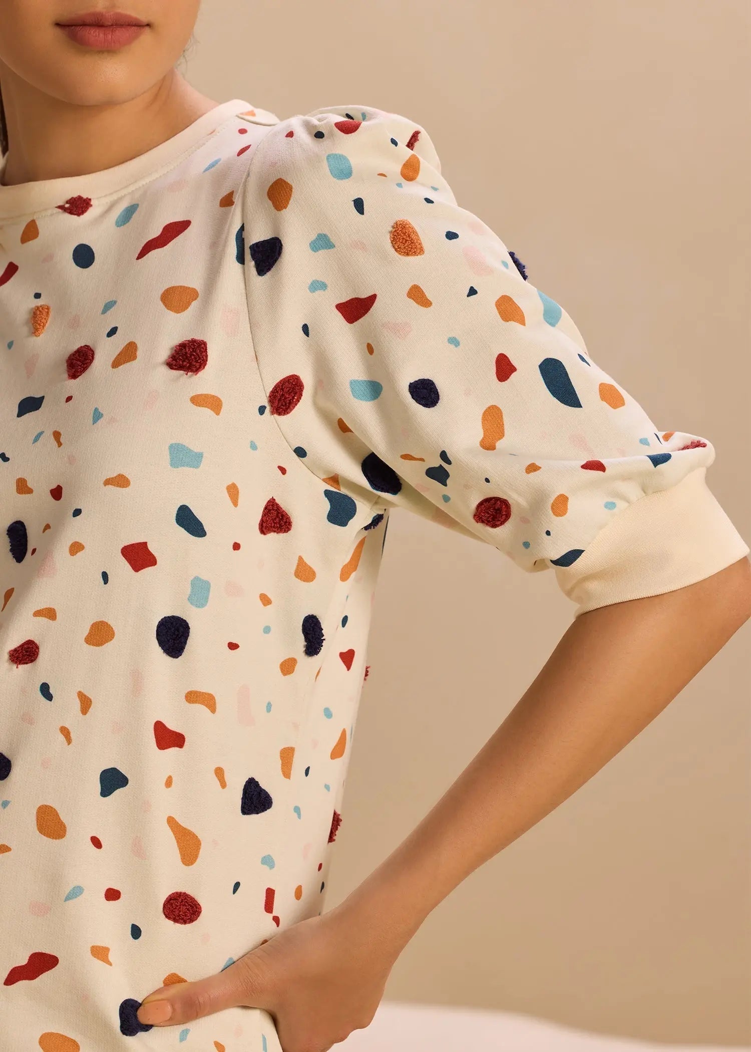Embroidered Terrazzo iCotton Pouf Sleeve Dress Alonge