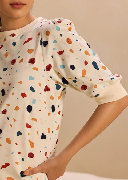 Embroidered Terrazzo iCotton Pouf Sleeve Dress Alonge