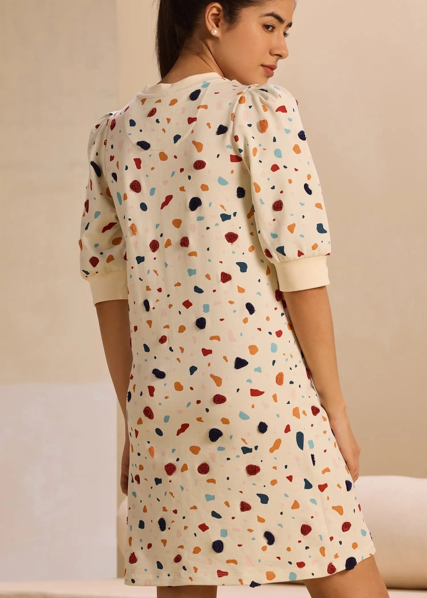 Embroidered Terrazzo iCotton Pouf Sleeve Dress Alonge