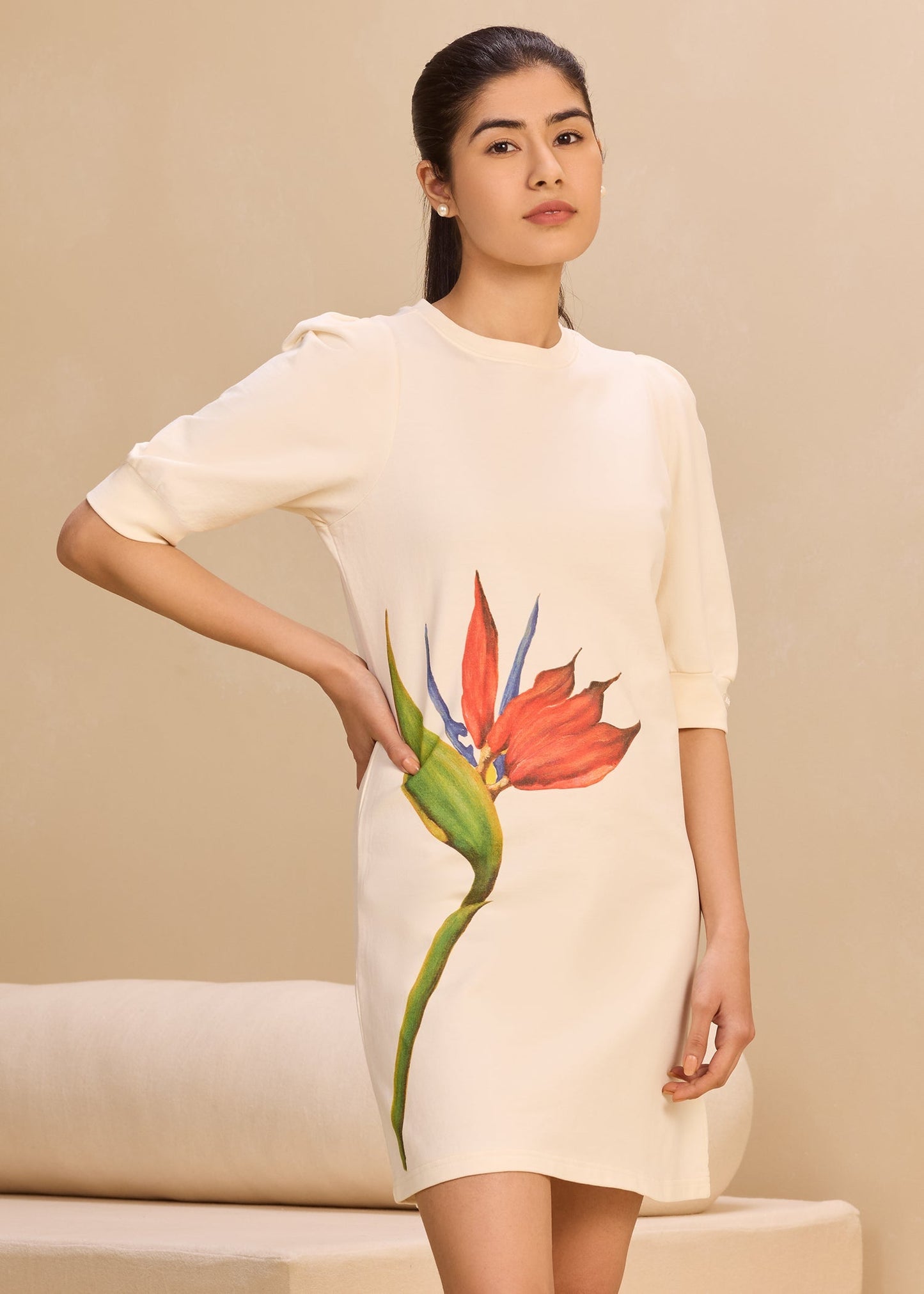iCotton Print Pouf Sleeve Dress
